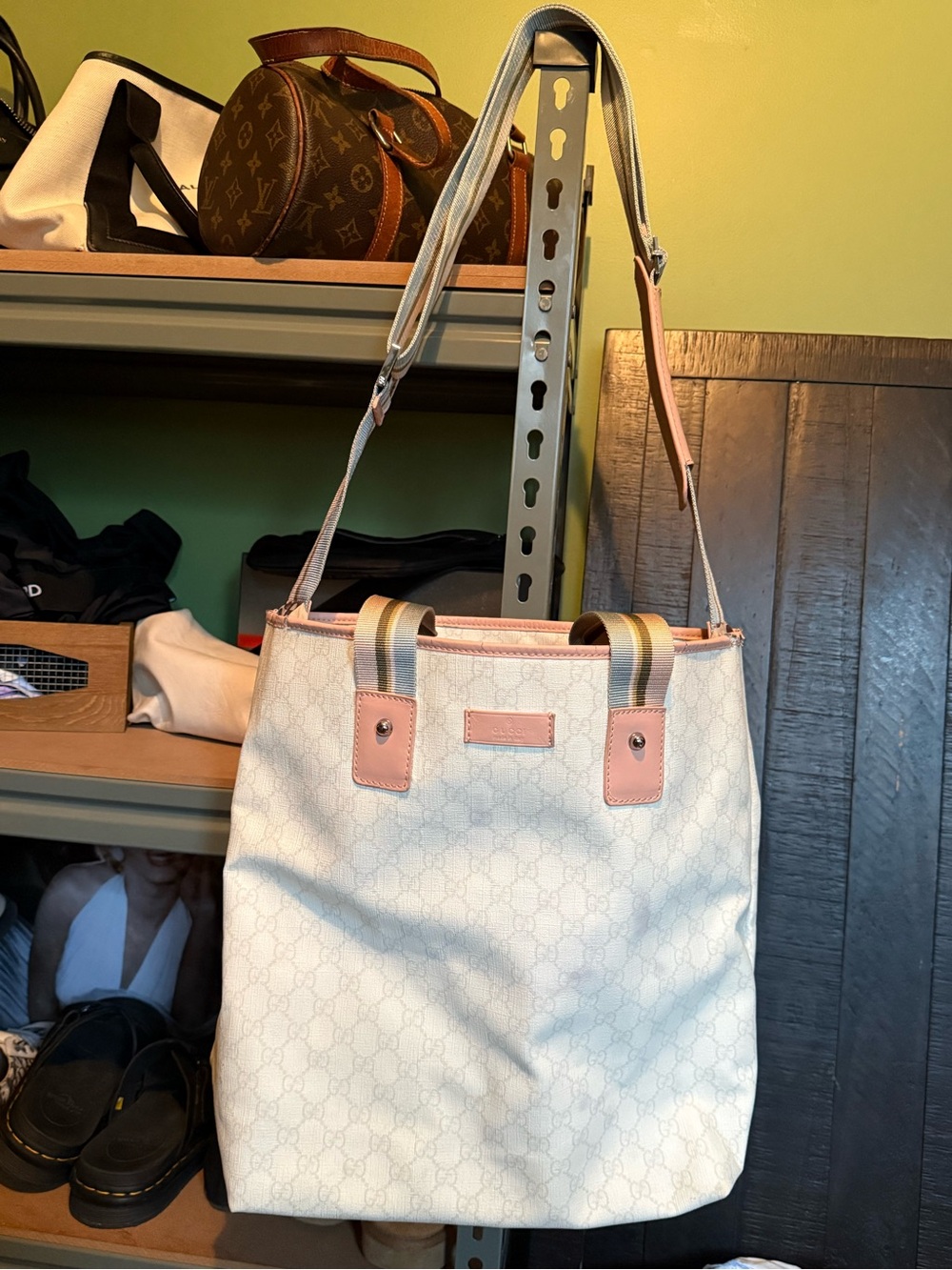 Gucci Ivory Monogram Tote with Pink Trim and Striped Strap